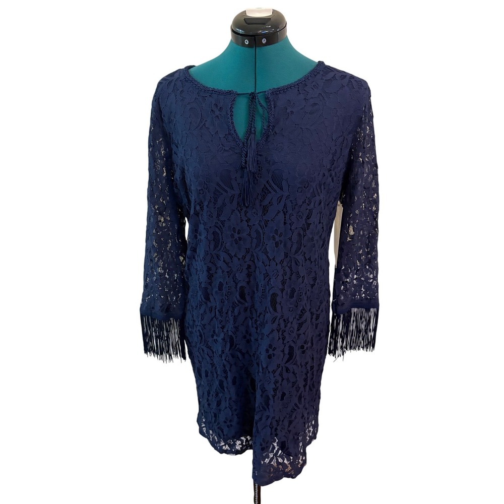 Boston Proper Navy Blue Lace Fringe Shift Dress Keyhole Tassel Size 14 NWT
